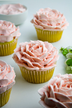 Vanilla Cupcakes with Rose Petal Bu5ercream Icing